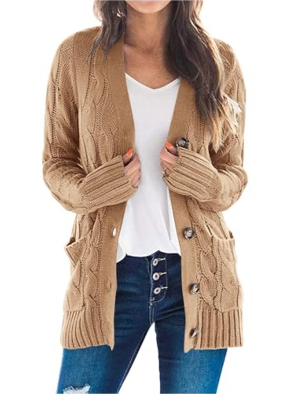 Women's Cable Knit Cardigan Sweater Button Down Open Front Long Sleeve Outerwear